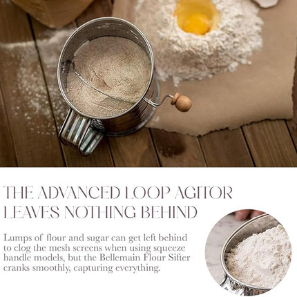 Bellemain 3 Cup Flour Sifter for Baking Fine Mesh Rotary Hand Crank with Loop Agitator for Quick Sifting, Flour Sifter Stainlees Steel