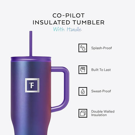 IRON °FLASK Co-Pilot Insulated Mug w/Straw & Flip Cap Lids - Cup Holder Bottle for Hot, Cold Drink - Leak-Proof - Water, Coffee Portable Travel Mug - Cobalt Blue, 40 Oz