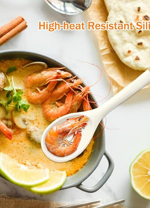 Large Silicone Cooking Spoons, Nonstick Solid Wooden Handle Kitchen Spoons, Heat Resistant Silicone Rubber Spoonula for Cooking, Serving, Basting, Mixing Tool, 13.2inch, Flexible Scraper (White)