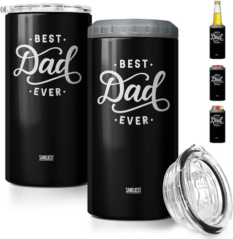 SANDJEST 4-in-1 Best Dad Ever Tumbler Gifts for Dad from Daughter Son - 12oz Dad Can Cooler Tumblers Travel Mug Cup - Stainless Steel Insulated Cans Coozie Christmas, Birthday, Father's Day Gift