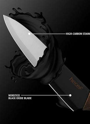 hecef Vintage Kitchen Knife Set, Stainless Steel Non-stick Black Coated Knives with Extra Sheaths, Includes Chef, Bread, Santoku, Utility and Paring Knife