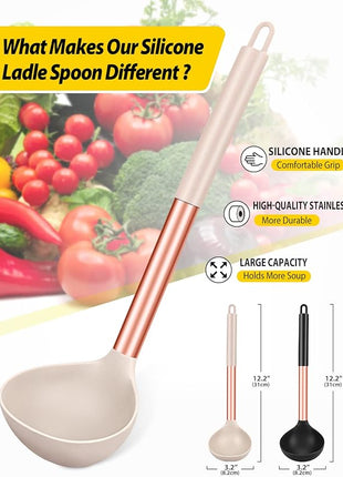Pack of 2 Ladle Spoon,Silicone Large Spoon for Soup,Non Stick Kitchen Utensils with High Heat Resistant,BPA Free Perfect Kitchen Tools for Cooking, Stirring,Serving Soups (ROSE GOLD BLACK-KHAKI)