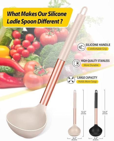 Pack of 2 Ladle Spoon,Silicone Large Spoon for Soup,Non Stick Kitchen Utensils with High Heat Resistant,BPA Free Perfect Kitchen Tools for Cooking, Stirring,Serving Soups (ROSE GOLD BLACK-KHAKI)