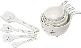White Cat Measuring Cups & Spoons Gift Set – Ceramic Kitchen Tools for Cat Lovers & Bakers – 4 Measuring Cups and 4 Measuring Spoons – Unique Gift for Kitchen, Baking, and Cat Lovers