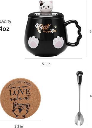 Bgbg Cute Cat Mug, Novelty Ceramic Coffee Tea Milk Cup with Lovely Kitty Lid, Kawaii Claw Spoon, Anime Coaster, Novelty Things Birthday Christmas Gift for Cat Lovers Women Her, 14 oz, Black