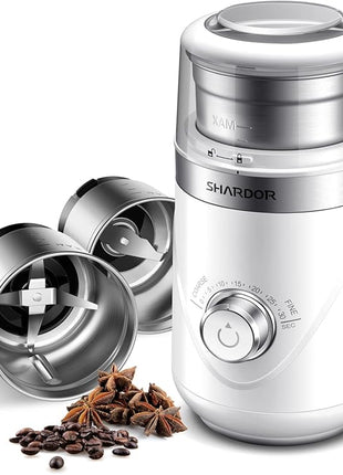 SHARDOR Electric Super Silent Blade Coffee Grinder, Timed Grind Control Rotary Knob, Adjustable Coarse to Fine for Coffee Beans, Spices & Herbs, with 2 Removable Stainless Steel Bowl, White
