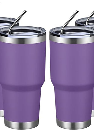 MEWAY 30oz Insulated Tumbler With Lids and Straws,Stainless Steel Double Vacuum Coffee Tumbler Cup, Brush, Durable Powder Coated Coffee Cup for Cold & Hot Drinks, Office, Travel(Purple,4 PACK)