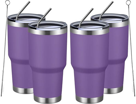 MEWAY 30oz Insulated Tumbler With Lids and Straws,Stainless Steel Double Vacuum Coffee Tumbler Cup, Brush, Durable Powder Coated Coffee Cup for Cold & Hot Drinks, Office, Travel(Purple,4 PACK)