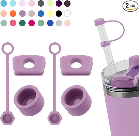 Silicone Spill Stopper Set Compatible with Stanley Cup 2.0 30oz & 40oz with Straw Cover (Set of 2, Lilac)