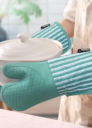 Silicone Oven Mitts Heat Resistant 932℉ with Waterproof & Non-Slip Kitchen Mittens, Set of 2 Extra Long Oven Gloves with Soft Cotton Terry Lining for Baking Cooking Barbecue