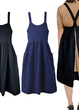 Uaussi Cotton Linen Apron Cross Back Work Apron for Women with Pockets Pinafore Dress X Cross Halter Apron for Chef Gardening