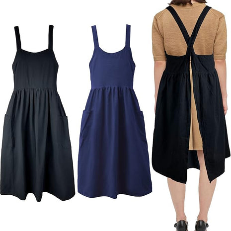 Uaussi Cotton Linen Apron Cross Back Work Apron for Women with Pockets Pinafore Dress X Cross Halter Apron for Chef Gardening