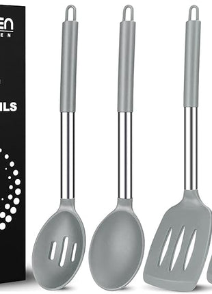 Pack of 4 Large Silicone Cooking Spatulas and Spoons, Slotted and Solid Stainless Steel Cooking Utensils Set, Non-stick Heat Resistant Kitchen for Baking, Fried, Stir-Fry, Mixing, Serving (Grey)
