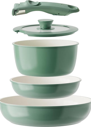 Redchef Ceramic Cookware Set, Removable Handle Pots and Pans Non-Stick, Rv Cookware Set, Non-Toxic Pots and Pans Set No PFAS, PTFE, PFOA, Detachable Pots and Pans, Dishwasher & Oven Safe (Green)