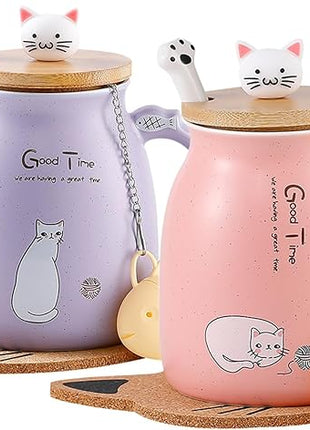 BigNoseDeer 2Pcs Kawaii Cat Mug Cute Tea Cup with Infuser Ceramic Coffee Mugs Cute Cool Preppy Stuff Gifts for Women Birthday Gifts for Cat lovers13oz