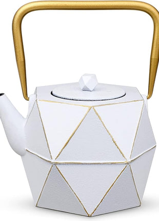 Toptier Cast Iron Teapot, Stovetop Safe Japanese Cast Iron Tea Kettle, Diamond Design Tea Pot with Removable Infuser for Loose Tea, 30 Ounce (900 ml), White