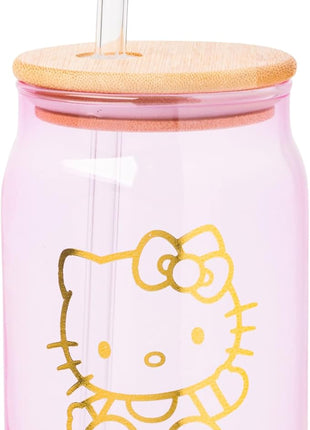 Silver Buffalo Sanrio Hello Kitty Gold 2 Pack Pink Glass Jar Tumbler with Bamboo Lid and Glass Straw, 16 Ounces