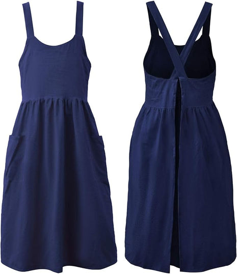 Uaussi Cotton Linen Apron Cross Back Work Apron for Women with Pockets Pinafore Dress X Cross Halter Apron for Chef Gardening