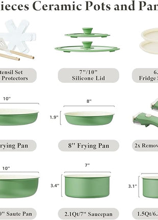 Ceramic Nonstick Cookware Set, Healthy,Non Toxic,17-Pieces Pots and Pans Set Removable Handles,Induction RV Kitchen Set,Stain & Scratch-resistant,Dishwasher/Oven Safe,PFAS/PFOA Free,Green