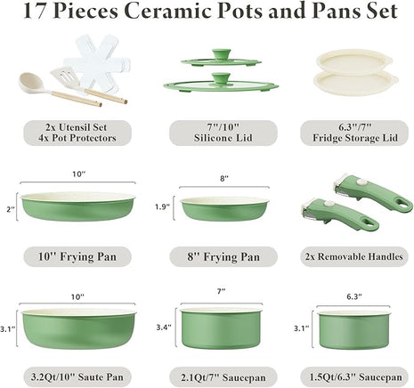 Ceramic Nonstick Cookware Set, Healthy,Non Toxic,17-Pieces Pots and Pans Set Removable Handles,Induction RV Kitchen Set,Stain & Scratch-resistant,Dishwasher/Oven Safe,PFAS/PFOA Free,Green