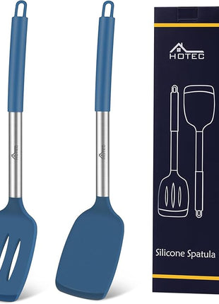 HOTEC Silicone Spatula Set of 2 Heat-Resistant 600°F & BPA-Free Kitchen SaptulaTurner with Stainless Steel Handles, Slotted & Solid Spatulas for Nonstick Cookware, 13.7 Inch, Classic Blue