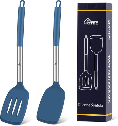 HOTEC Silicone Spatula Set of 2 Heat-Resistant 600°F & BPA-Free Kitchen SaptulaTurner with Stainless Steel Handles, Slotted & Solid Spatulas for Nonstick Cookware, 13.7 Inch, Classic Blue