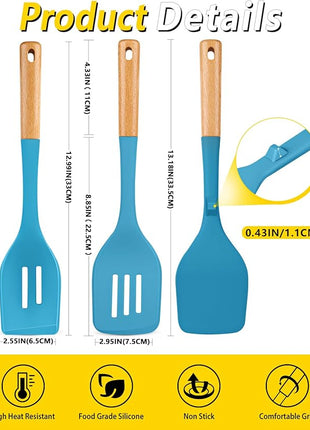 Pack of 4 Silicone Kitchen Utensils Set, Non Stick Solid Spatulas and Heat Resistant Slotted Spoons with Wooden Handle, Ideal BPA Free Cooking Utensils for Mixing,Serving,Turning,Stirring(BLUE)
