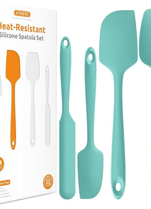 Heat Resistant Silicone Spatula Set: U-Taste 600ºF High Temp Seamless Food Grade Utensil, Flexible Rubber Silicon Kitchen Cooking Mixing Baking Scraper for Nonstick Cookware Set of 4 (Aqua Sky)
