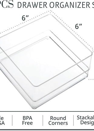 STORi SimpleSort 6-Piece Stackable Clear Drawer Organizer Set | 6" x 6" x 2" Square Trays | Small Makeup Vanity Storage Bins and Office Desk Drawer Dividers | Made in USA