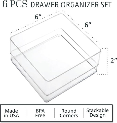 STORi SimpleSort 6-Piece Stackable Clear Drawer Organizer Set | 6" x 6" x 2" Square Trays | Small Makeup Vanity Storage Bins and Office Desk Drawer Dividers | Made in USA
