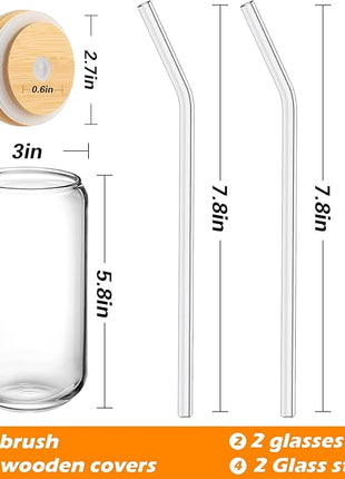 Drinking Glasses with Bamboo Lids and Glass Straw 2PCS Set, 16oz Glass Cups with Lids and Straws, Beer, Iced Coffee Glasses, Soda, Gift 1 Cleaning Brushes