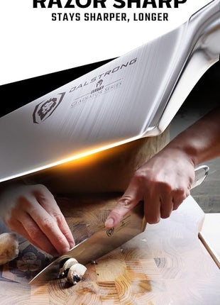 DALSTRONG Chef Knife - 8 inch Blade - Gladiator Series - Forged High Carbon German Steel - Razor Sharp Kitchen Knife - Professional Full Tang Knives - Glacial White Handle ABS - Sheath - NSF Certified
