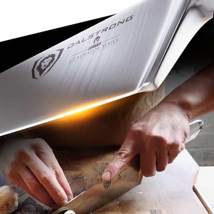 DALSTRONG Chef Knife - 8 inch Blade - Gladiator Series - Forged High Carbon German Steel - Razor Sharp Kitchen Knife - Professional Full Tang Knives - Glacial White Handle ABS - Sheath - NSF Certified