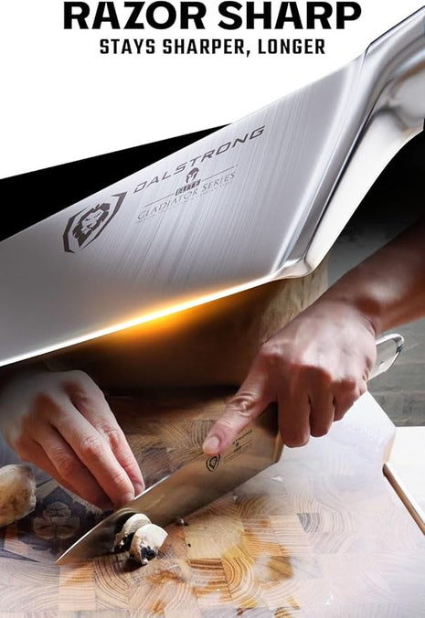 DALSTRONG Chef Knife - 8 inch Blade - Gladiator Series - Forged High Carbon German Steel - Razor Sharp Kitchen Knife - Professional Full Tang Knives - Glacial White Handle ABS - Sheath - NSF Certified
