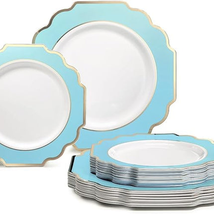 " OCCASIONS " 80 Plates Pack,(40 Guests) Heavyweight Wedding Party Disposable Plastic Plates -40 x 10.5'' Dinner + 40 x 8'' Salad/Dessert Plate (Imperial Aqua/Gold))