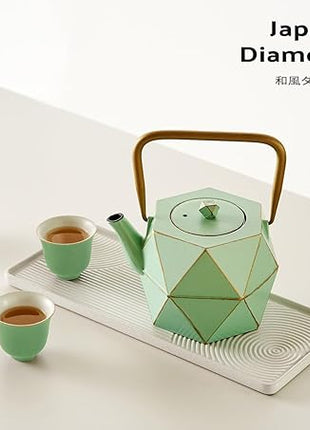 Toptier Cast Iron Teapot, Stovetop Safe Japanese Cast Iron Tea Kettle, Diamond Design Tea Pot with Removable Infuser for Loose Tea, 30 Ounce (900 ml), Light Green