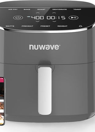 Nuwave Brio Plus Air Fryer 8 Qt, New & Improved, PFAS-FREE, 7 Digital One-Touch Cook Functions that AIR FRY, BAKE, ROAST, DEHYDRATE, TOAST, REHEAT, PREHEAT, 150 Presets, 50°F~400°F (Cool Gray)
