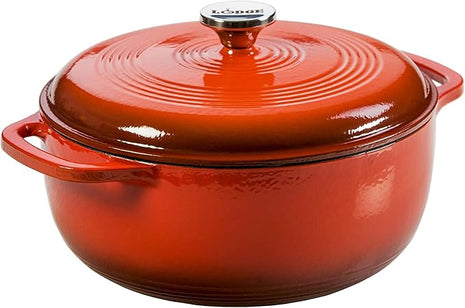 Lodge 7.5 Quart Enameled Cast Iron Dutch Oven with Lid – Dual Handles – Oven Safe up to 500° F or on Stovetop - Use to Marinate, Cook, Bake, Refrigerate and Serve – Poppy