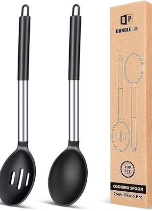 Pack of 2 Large Silicone Cooking Spoons,Non Stick Solid Basting Spoon,Heat-Resistant Kitchen Utensils for Mixing,Serving,Draining,Stirring (BLACK)