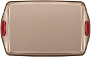 Rachael Ray Cucina Nonstick Bakeware Set Baking Cookie Sheets Cake Muffin Bread Pan, 10 Piece, Latte Brown with Cranberry Red Grips