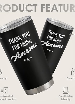 SANDJEST Thank You for Being Awesome Tumbler Gift Set - Birthday, Christmas, Appreciation Inspirational Gifts for Women, Men, Coworkers - 20oz Stainless Steel Insulated Coffee Travel Mug