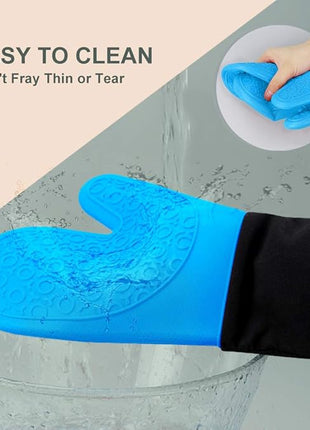 sungwoo Extra Long Silicone Oven Mitts, Heat Resistant Oven Gloves with Quilted Liner Non-Slip Textured Grip Perfect for BBQ, Baking, Cooking and Grilling - 1 Pair 14.6 Inch Blue & Black