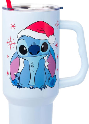 Silver Buffalo Disney Lilo and Stitch Christmas Holiday Santa Hat and Snowflakes Stainless Steel Tumbler with Handle and Straw, Fits in Standard Cup Holder, 40 Ounces