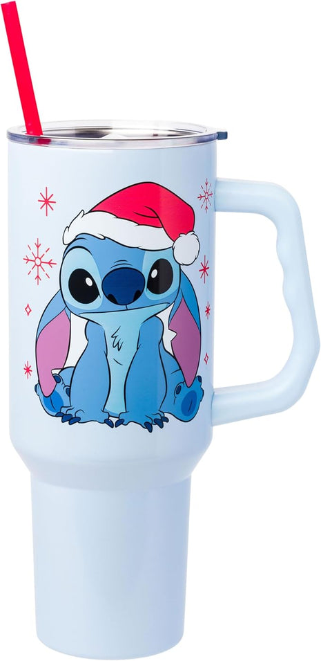 Silver Buffalo Disney Lilo and Stitch Christmas Holiday Santa Hat and Snowflakes Stainless Steel Tumbler with Handle and Straw, Fits in Standard Cup Holder, 40 Ounces