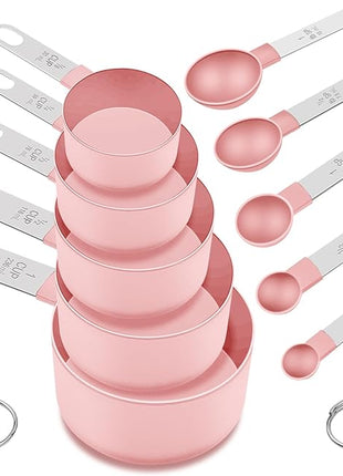 Measuring Cups and Spoons Set, 10 Pieces Nesting Measure Tools, Kitchen Essentials Gadgets with Stainless Steel Handle for Dry & Liquid Ingredient, Pink