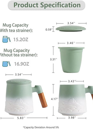 ZENS Tea Mug with Infuser and Lid for Loose Leaf Steeper, 16.9 oz Embossed Ceramic Tea Cup with Fine Tea Strainers, Wood Handle Large Tea Diffusers Mugs for Tea Lovers Gifts