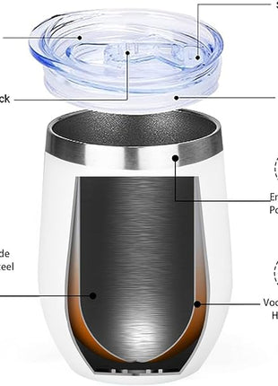 MEZMUT 12 Oz Insulated Wine Tumbler with Lid Double Wall Vacuum Stainless Steel Wine Glass Coffee Mug Insulated Tumbler Cup for Champaign, Cocktail, Beer (White, 1 Pack)