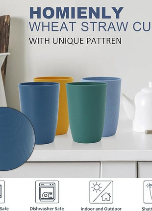 Wheat Straw Cups 6 PCS Plastic Cups Reusable Unbreakable Drinking Cup Dishwasher Safe Water Glasses with Unique Pattern (16 OZ)