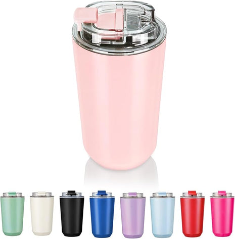 Puraville Insulated Tumblers with Lid, 14 oz Travel Coffee Mug Stainless Steel Vacuum Cup, Leak Proof Reusable Double Walled Coffee Tumbler for Iced and Hot Drinks, Pink