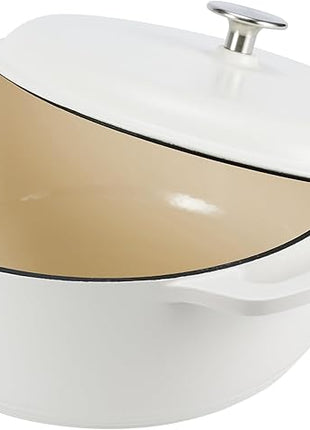 Amazon Basics Cast Iron Dutch Oven Pot with Lid, Enameled, Round, Dual Handles, Heavy-Duty, Medium, 6-Quart, Matte White